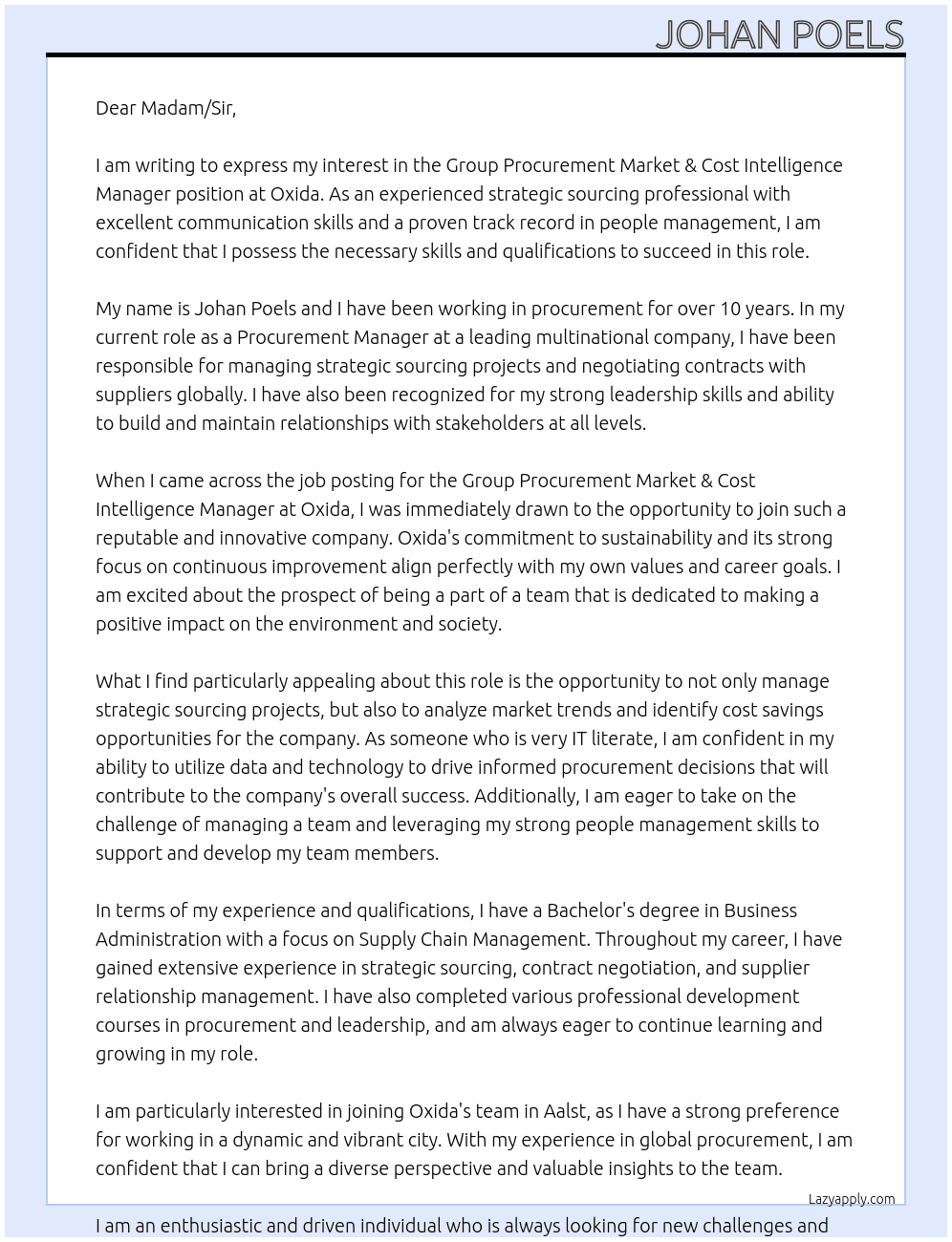 Cover letter for group procurement market & cost intelligence manager - LazyApply