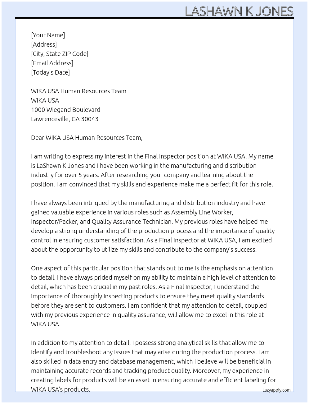 Final Inspector At WIKA USA Cover Letter