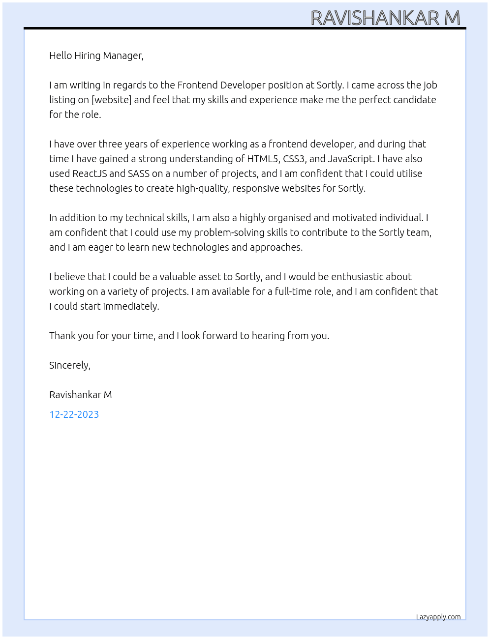 Frontend Developer  At Sortly Cover Letter