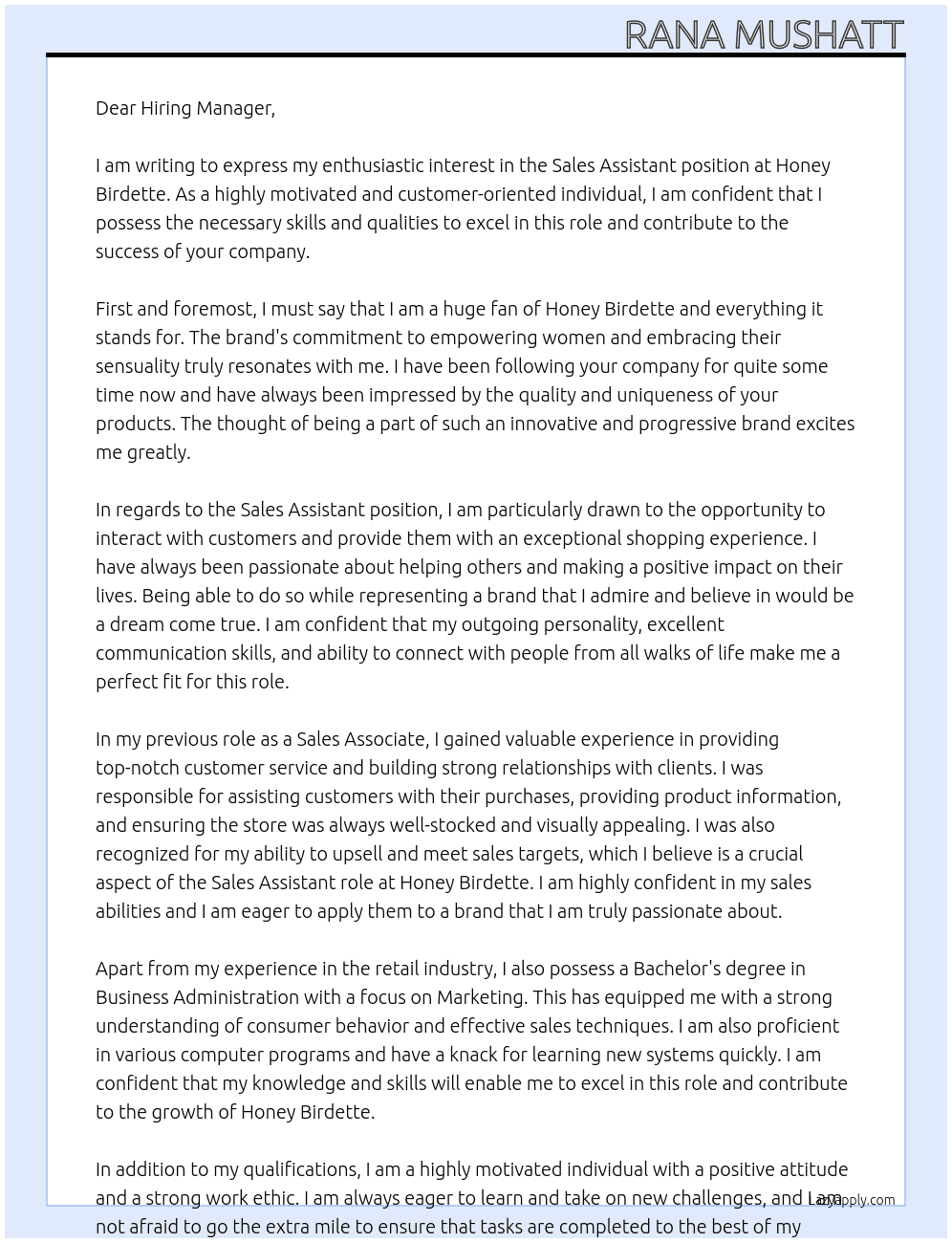 Sales Assistants At Honey Birdette Cover Letter