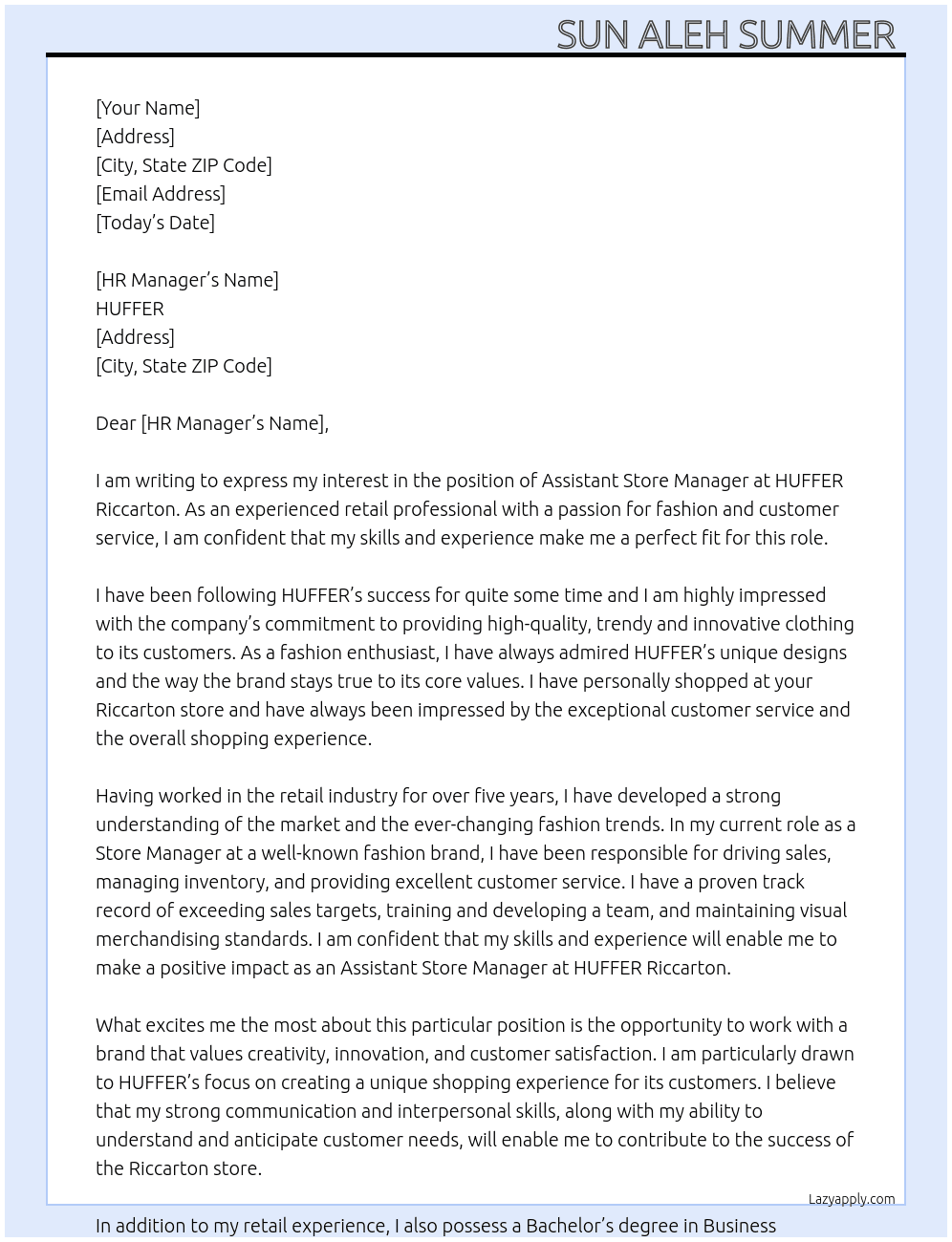 Assistant Store Manager - HUFFER Riccarton At huffer  Cover Letter