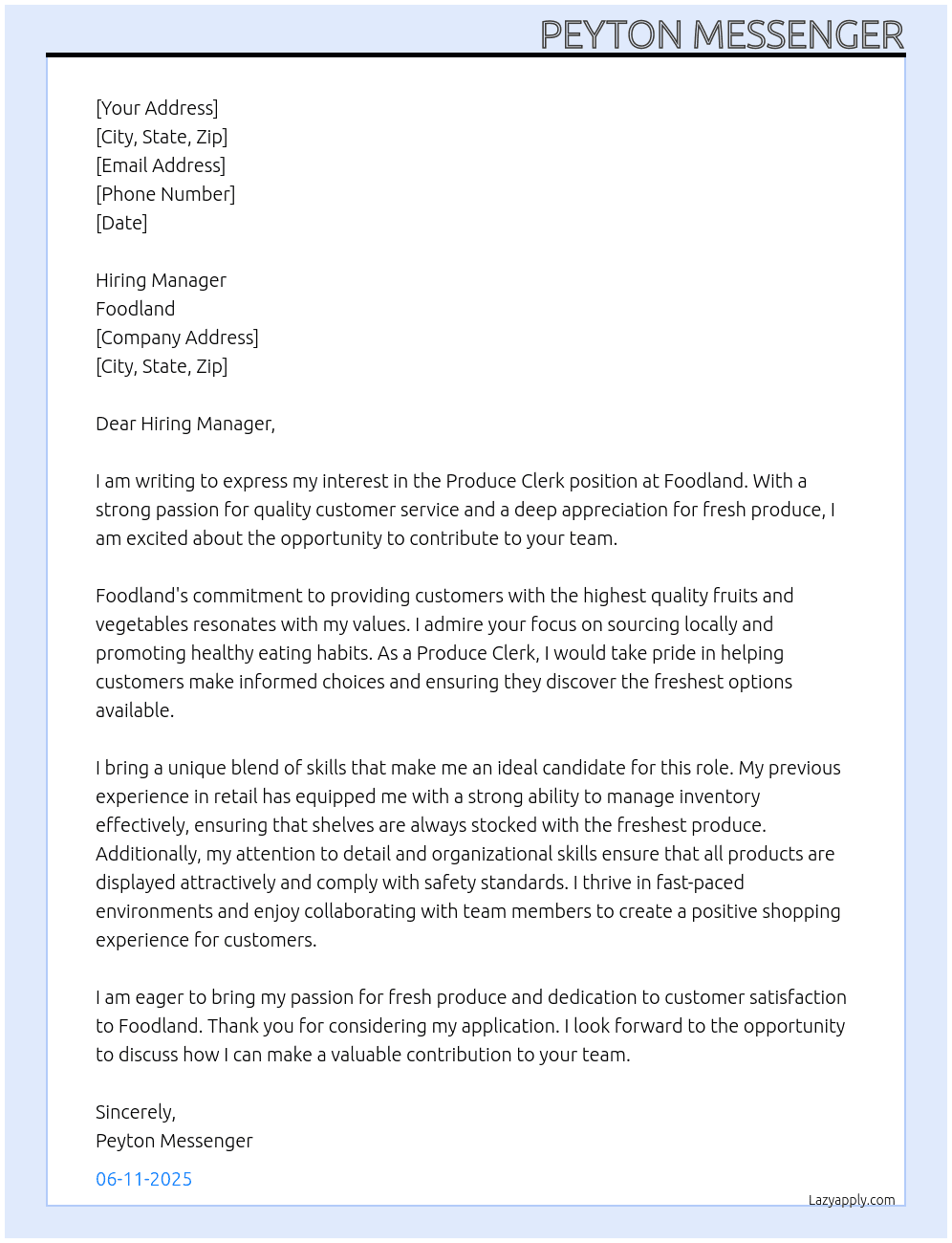 produce clerk At Foodland Cover Letter