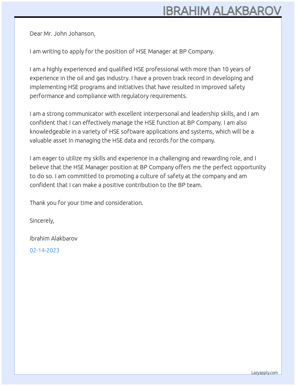 HSE Manager At BP Company Cover Letter