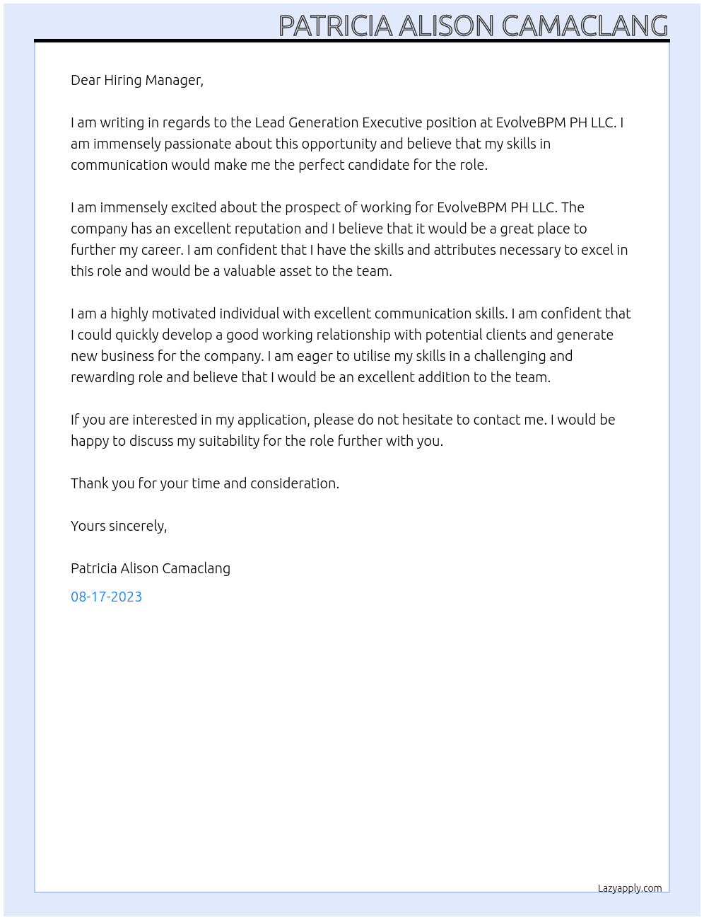 Lead Generation Executive At EvolveBPM PH LLC Cover Letter