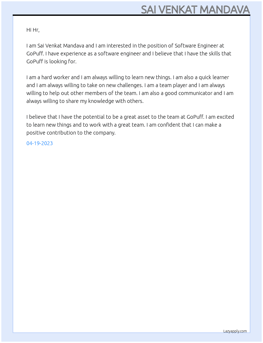 Software Engineer At GoPuff Cover Letter
