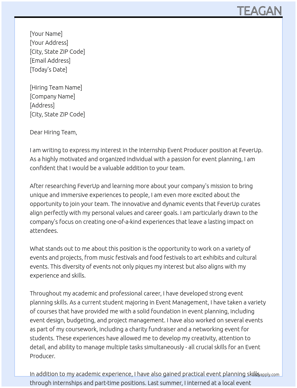 Internship Event Producer At FeverUp Cover Letter