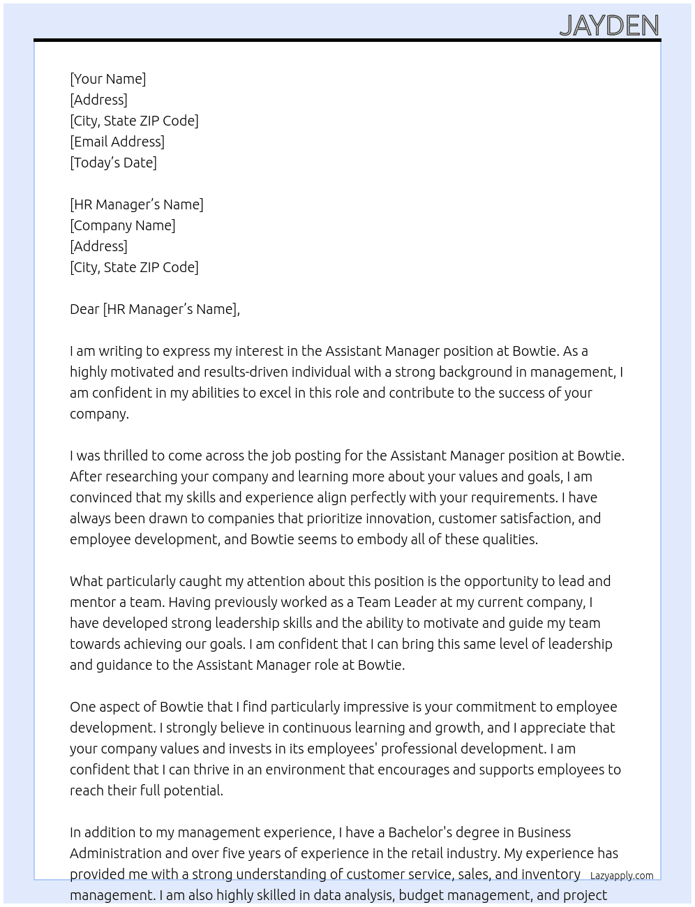Assistant Manager At Bowtie Cover Letter