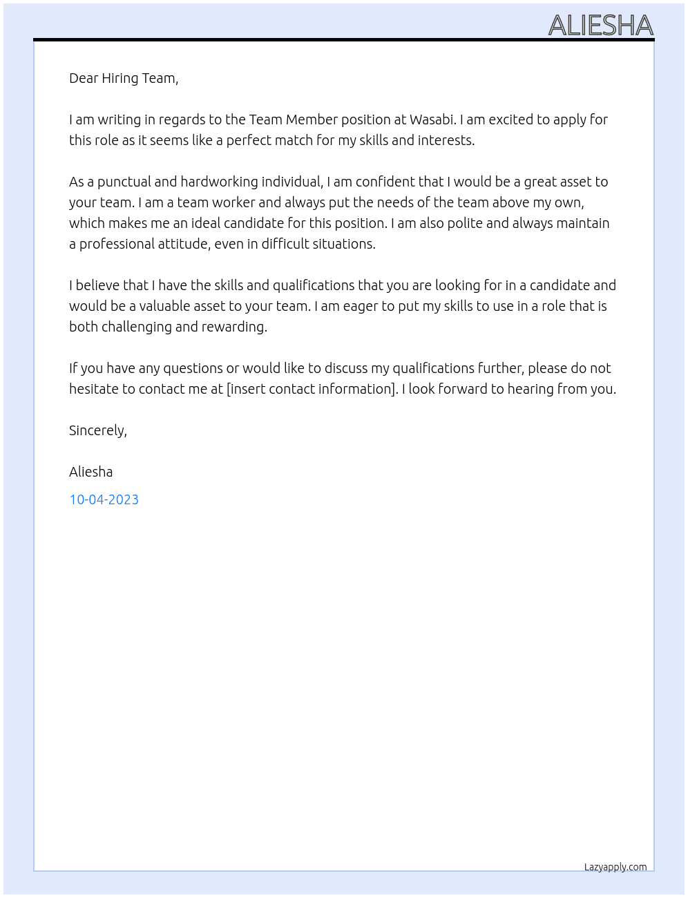 Team Member At Wasabi Cover Letter