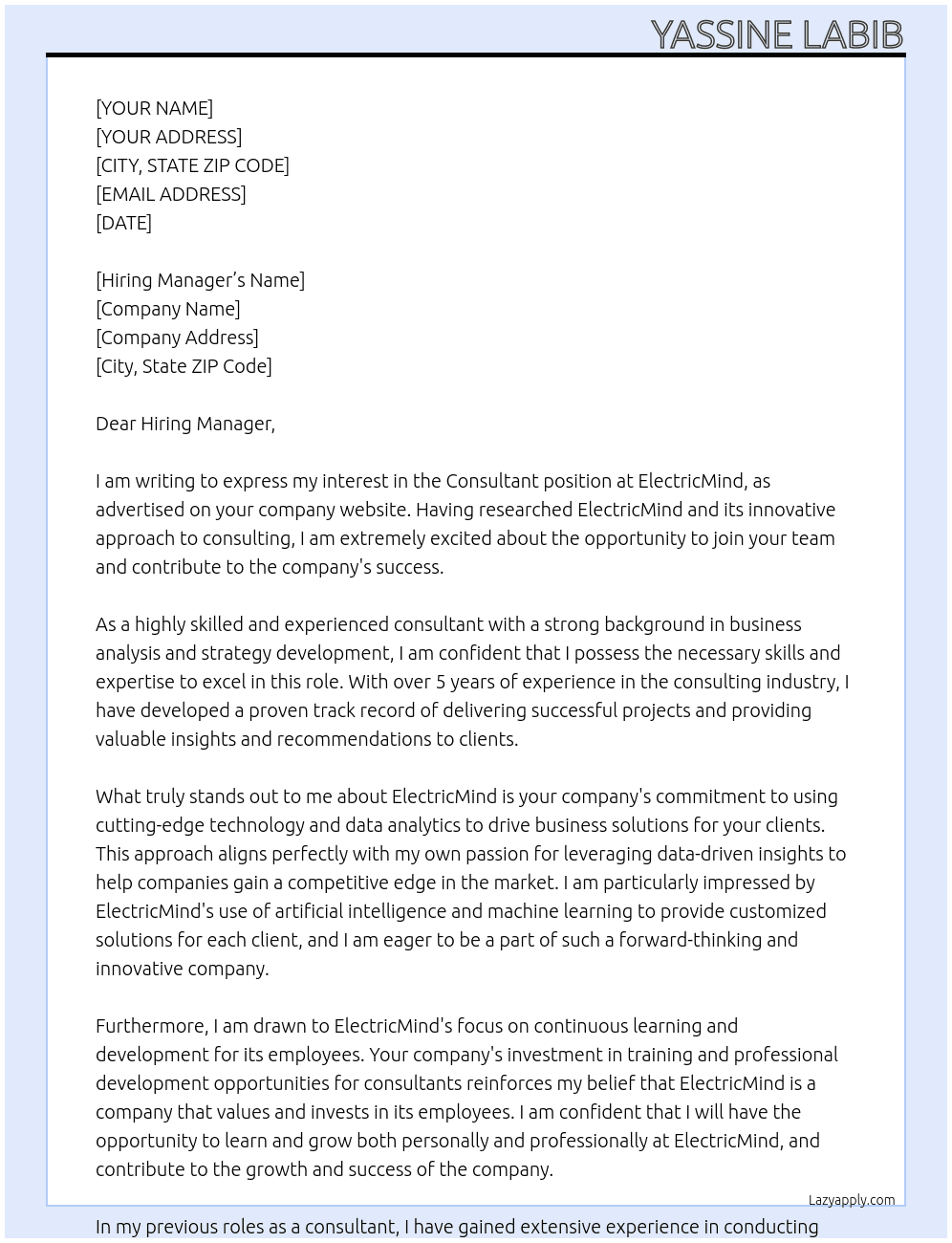 Consultant At ElectricMind Cover Letter