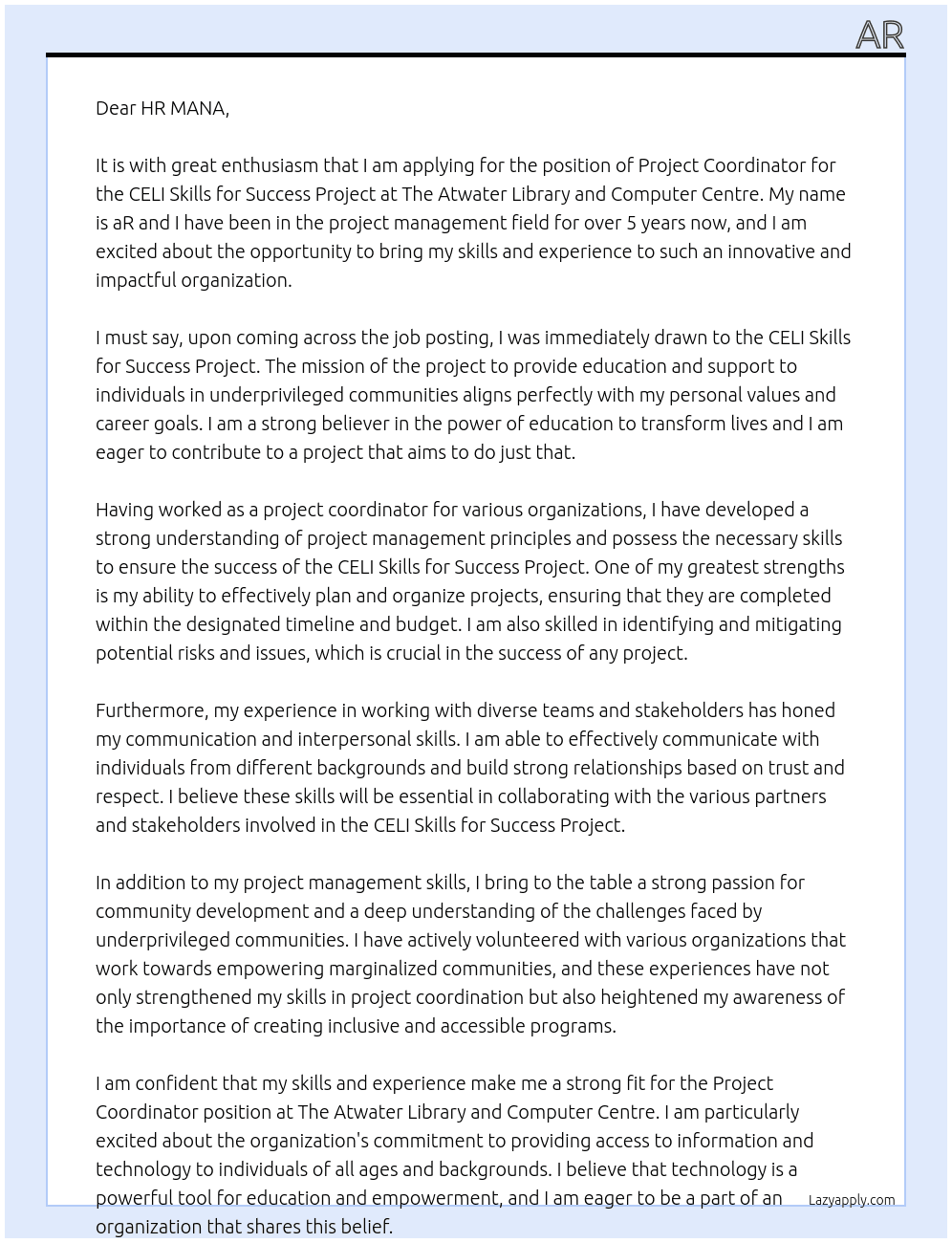 Project Coordinator, CELI Skills for Success Project At The Atwater Library and Computer Centre Cover Letter