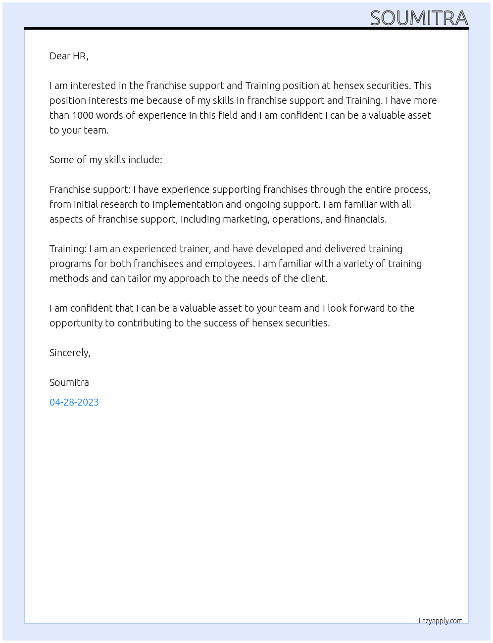 franchise support and Training At hensex securities Cover Letter