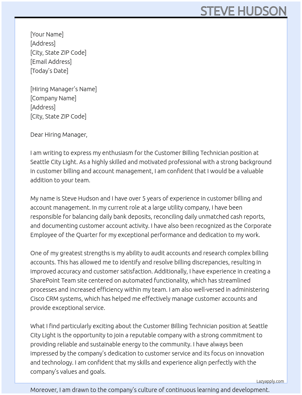 customer Billing Technician At Seattle City Light Cover Letter