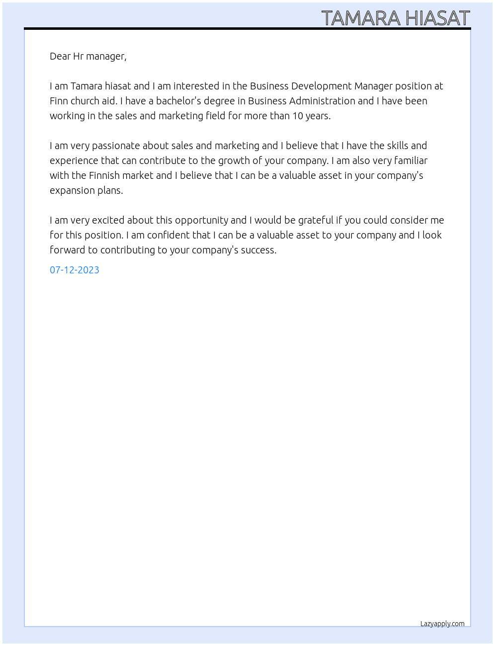 Business Development Manager At Finn church aid Cover Letter