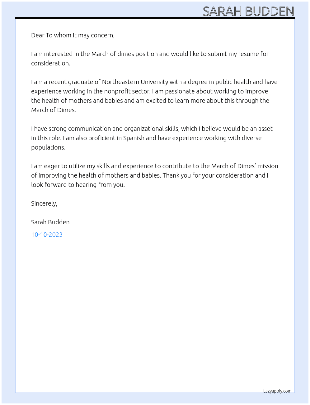 March of dimes At March of dimes Cover Letter
