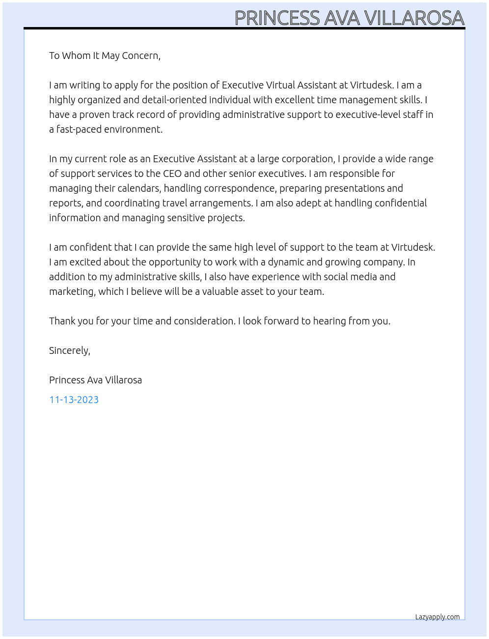 Executive Virtual Assistant  At Virtudesk Cover Letter