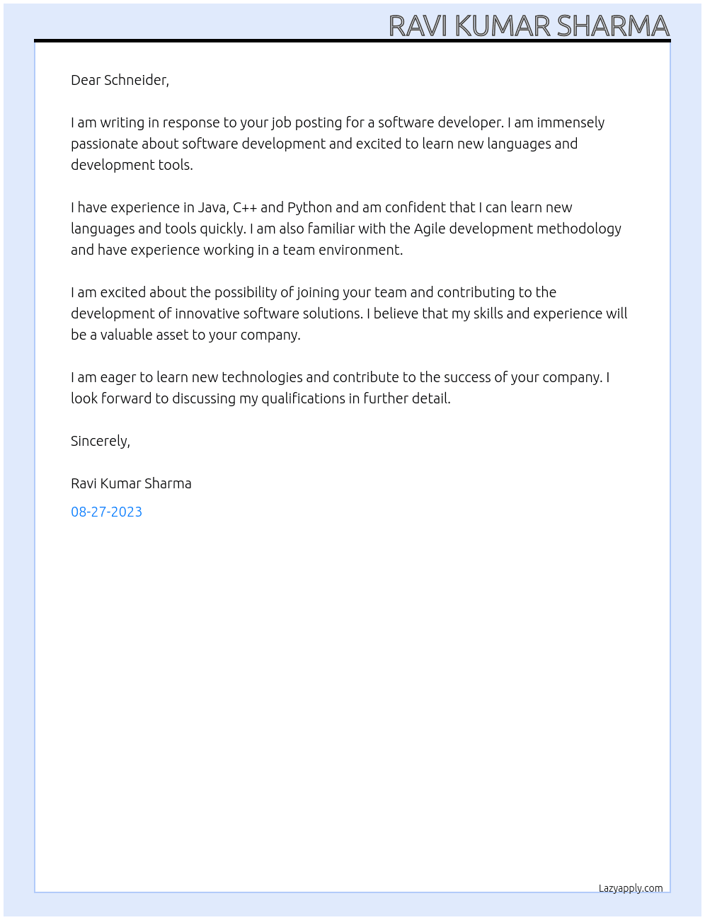 Software Developer At Schneider Cover Letter