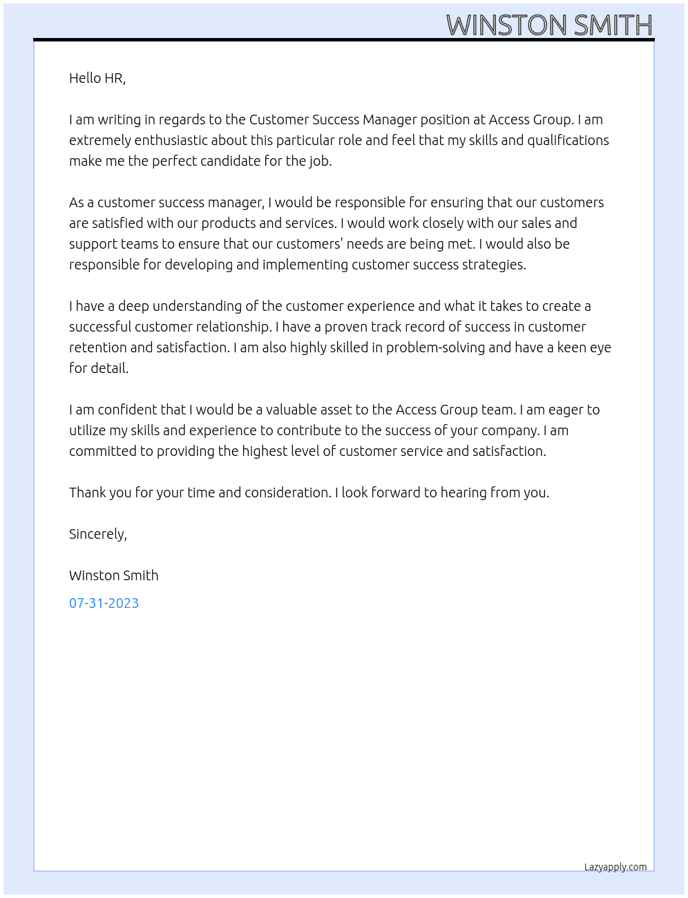 Customer Success Manager At Access Group Cover Letter