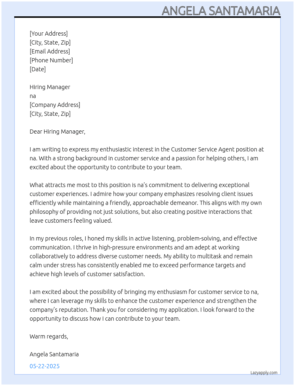Customer Service Agent  At na Cover Letter
