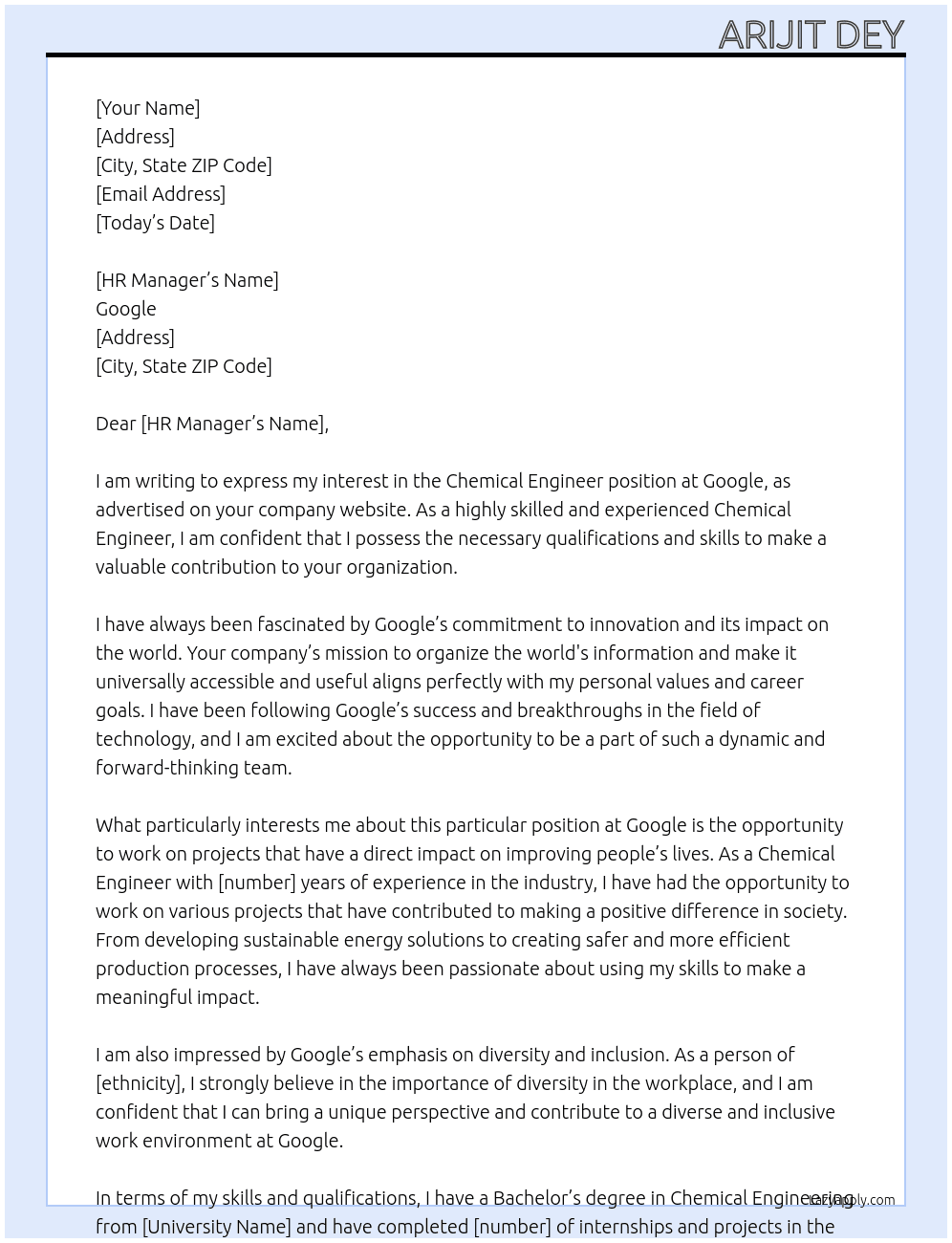 Chemical Engineer At Google Cover Letter