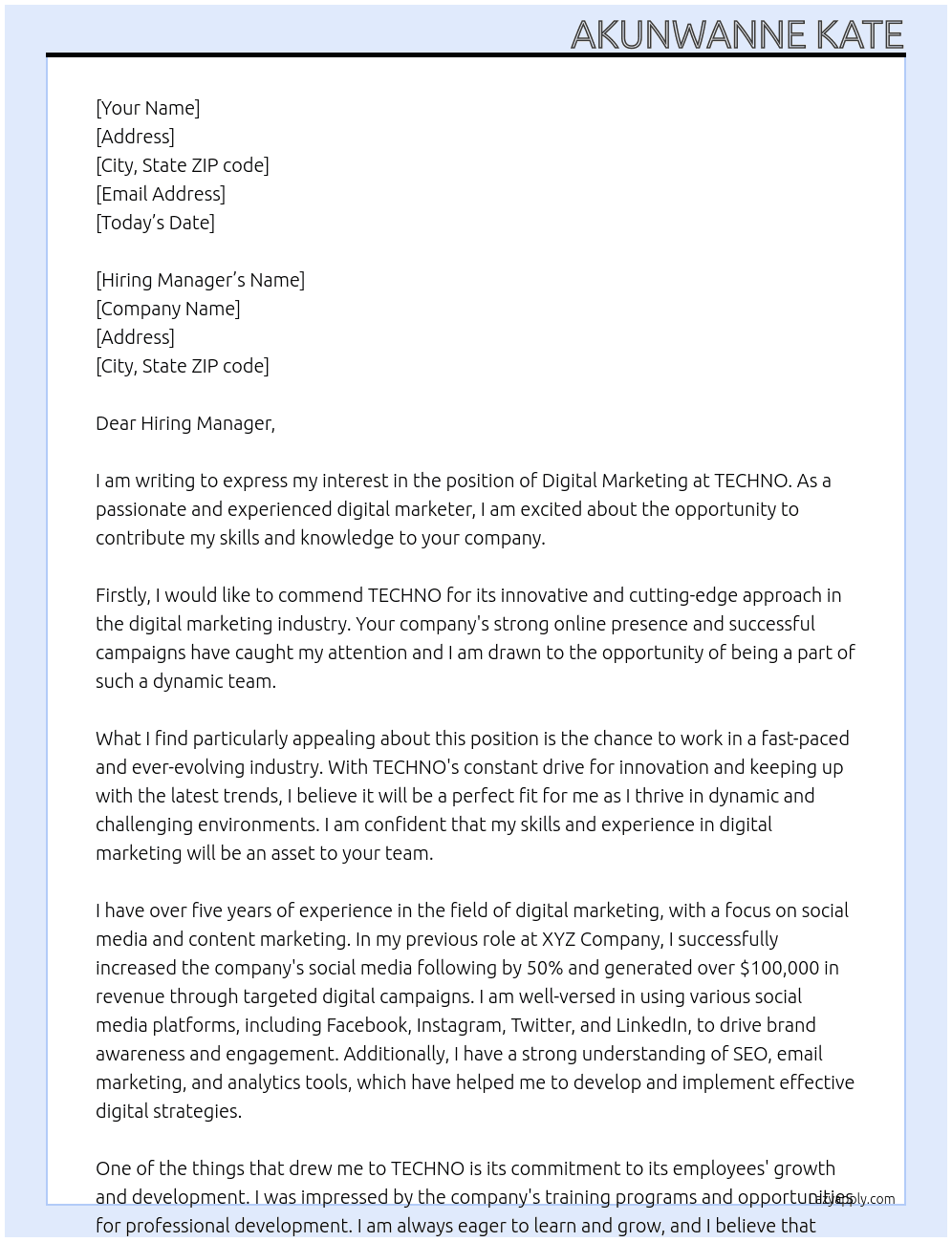 Digital marketing At TECHNO Cover Letter