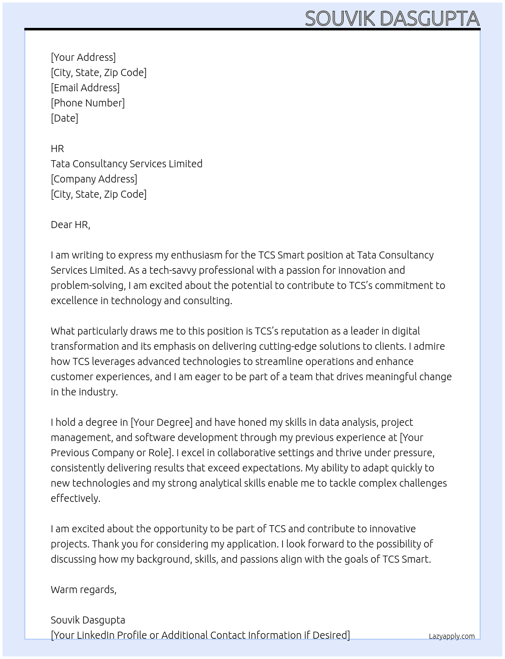 Cover letter for tcs smart - LazyApply