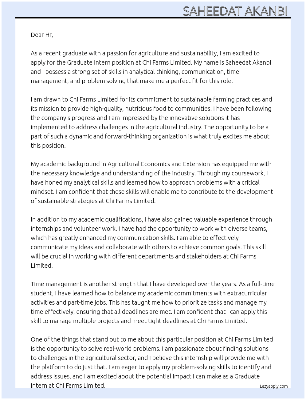 Graduate Intern At Chi Farms Limited  Cover Letter