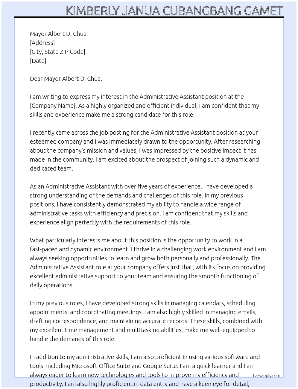 Administrative assistant  At administrative assistant  Cover Letter