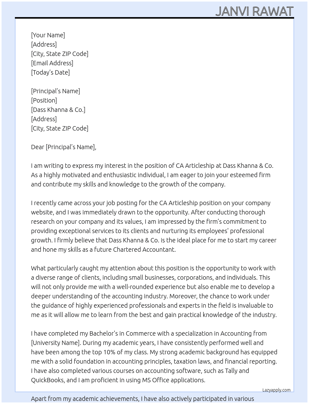 CA Articleship At Dass Khanna & Co. Cover Letter