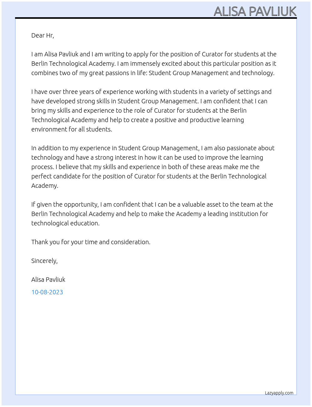 Curator for students At Berlin Technological Academy Cover Letter