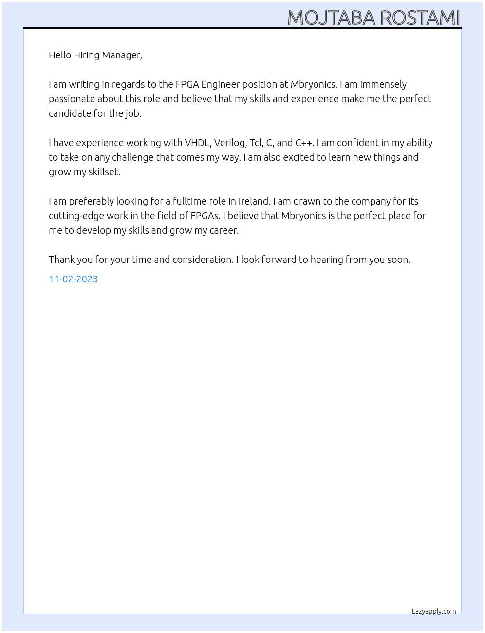 FPGA Engineer At Mbryonics Cover Letter