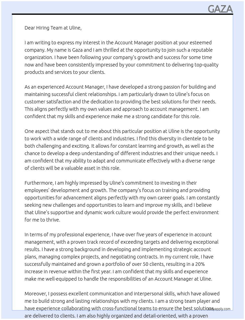 Account Manager At Uline Cover Letter