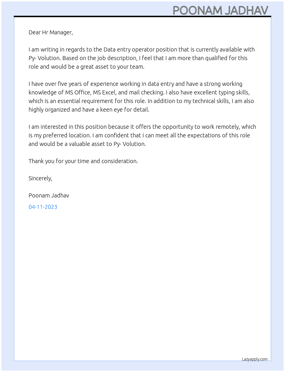 Data entry operator  At Py- Volution  Cover Letter
