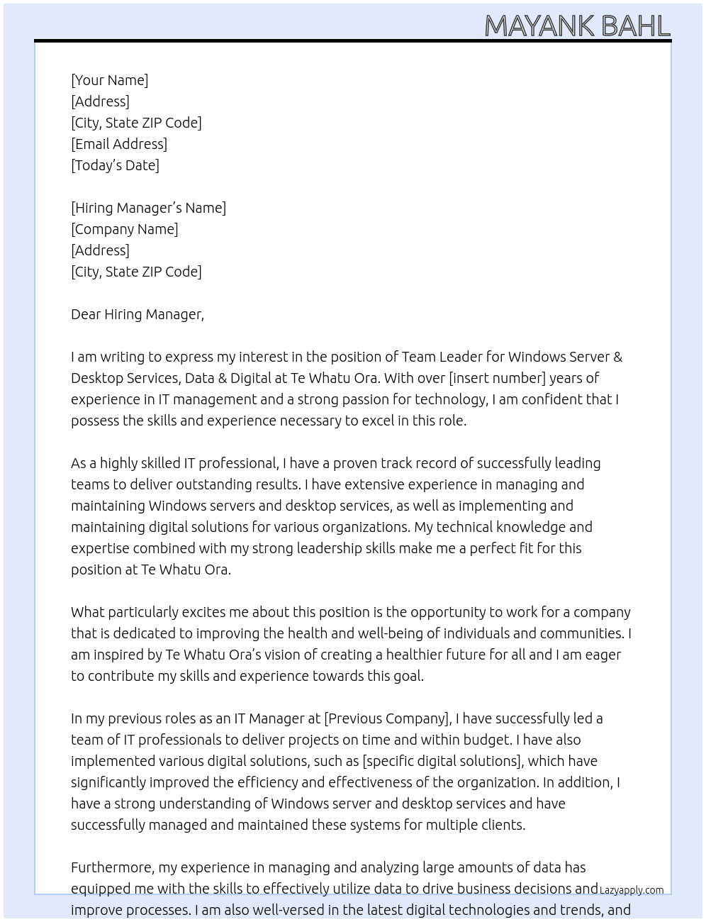 Team Leader Windows Server & Desktop Services, Data & Digital At Te Whatu Ora Cover Letter