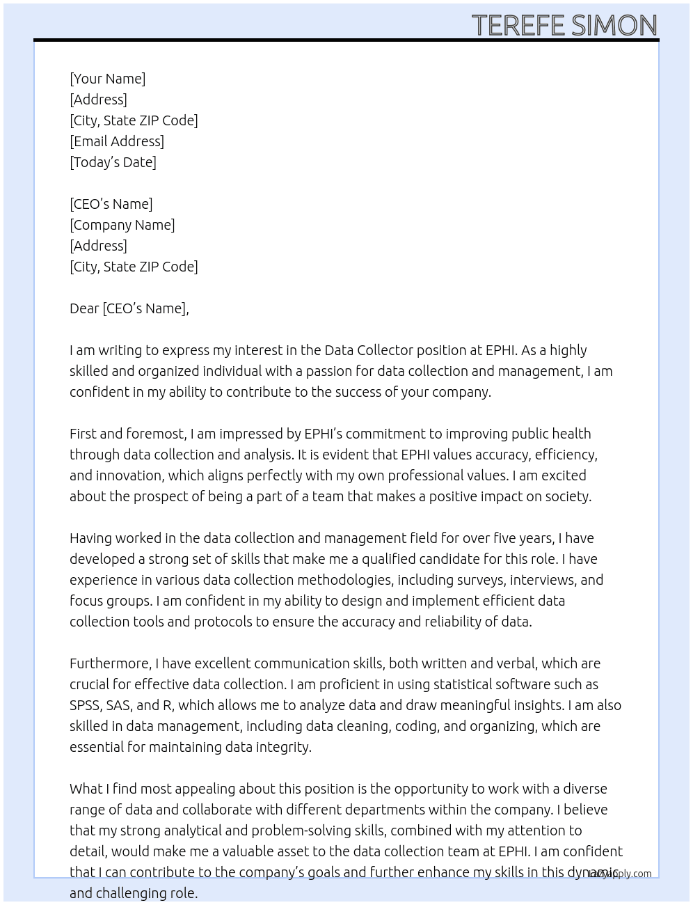 Data collector  At EPHI Cover Letter