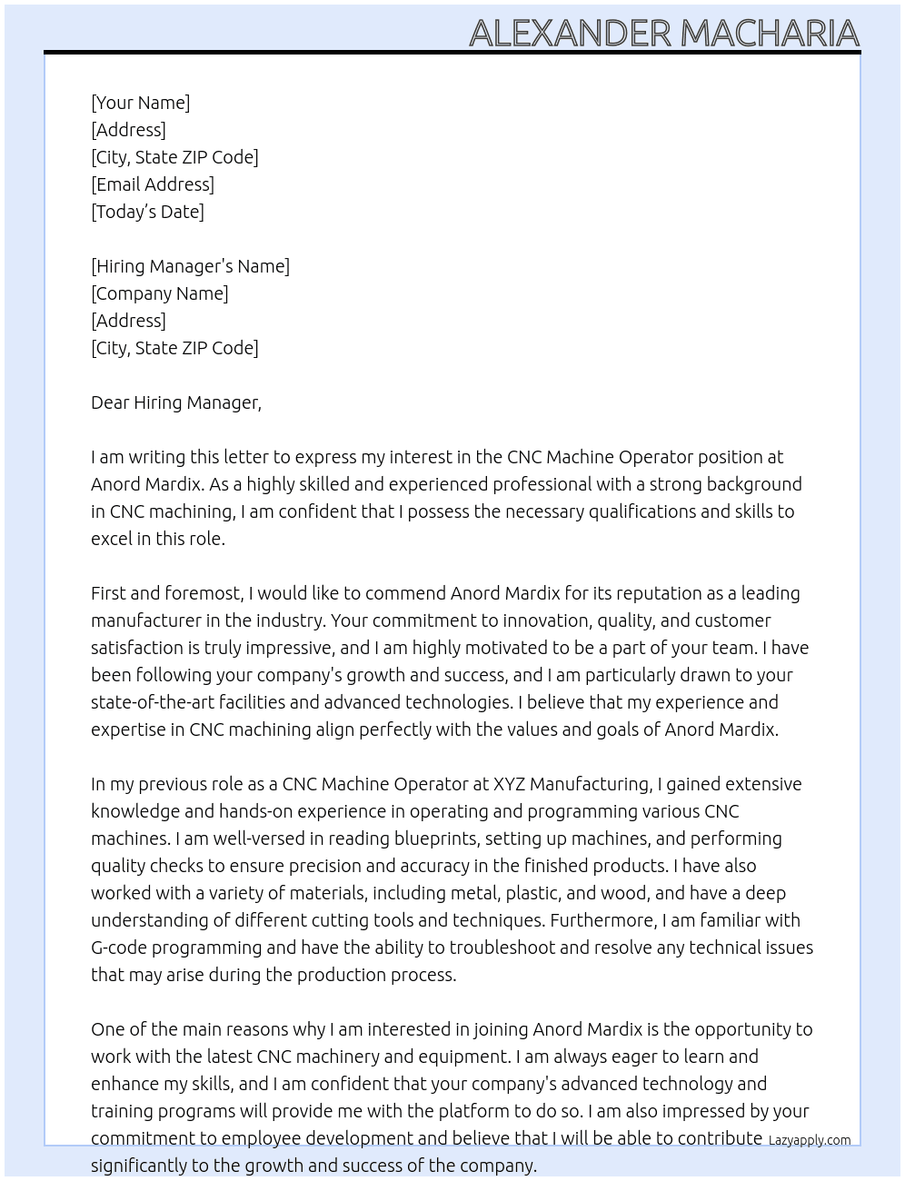CNC Machine operator  At Anord Mardix Cover Letter