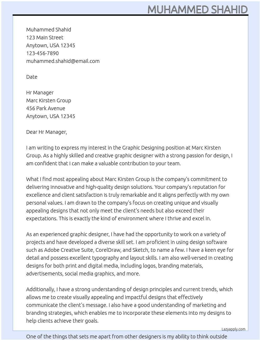 Graphic Designing At Marc Kirsten Group Cover Letter