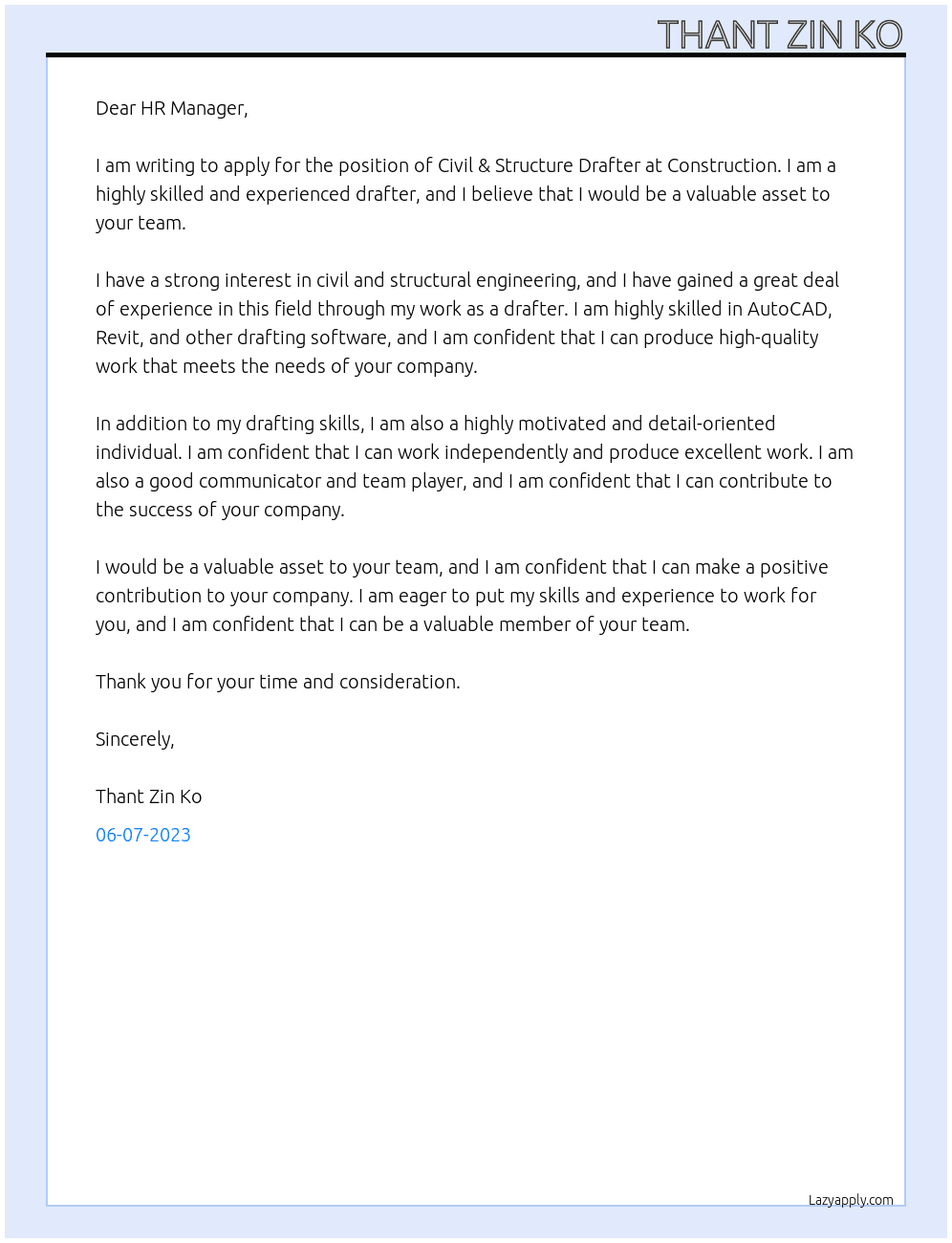 Civil & Structure Drafter At Construction Cover Letter