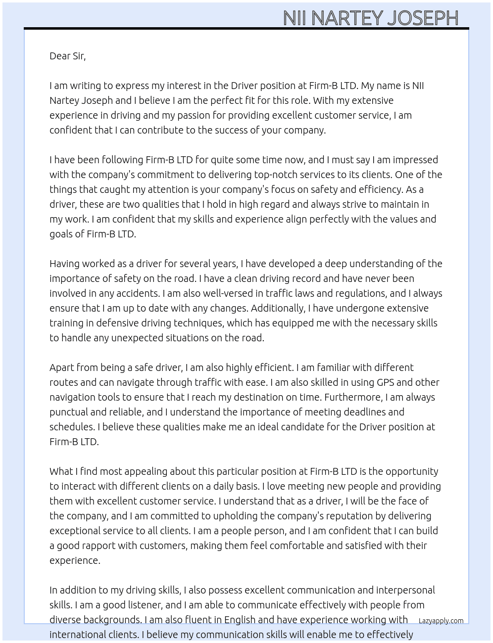 DRIVER At Firm -B LTD  Cover Letter