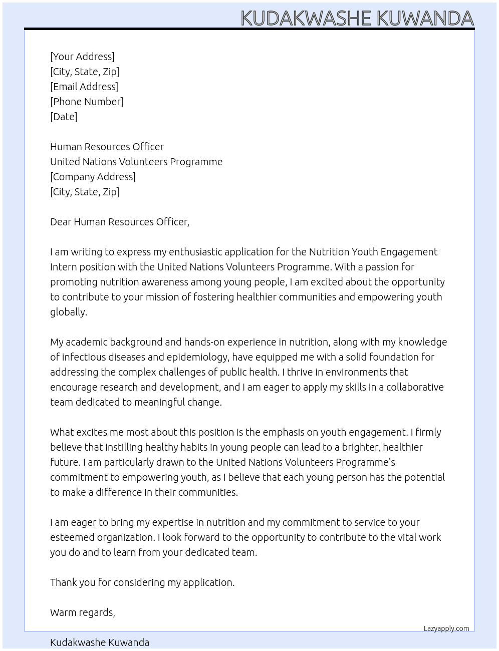 Nutrition Youth Engagement Intern  At United Nation Volunteers Programme  Cover Letter