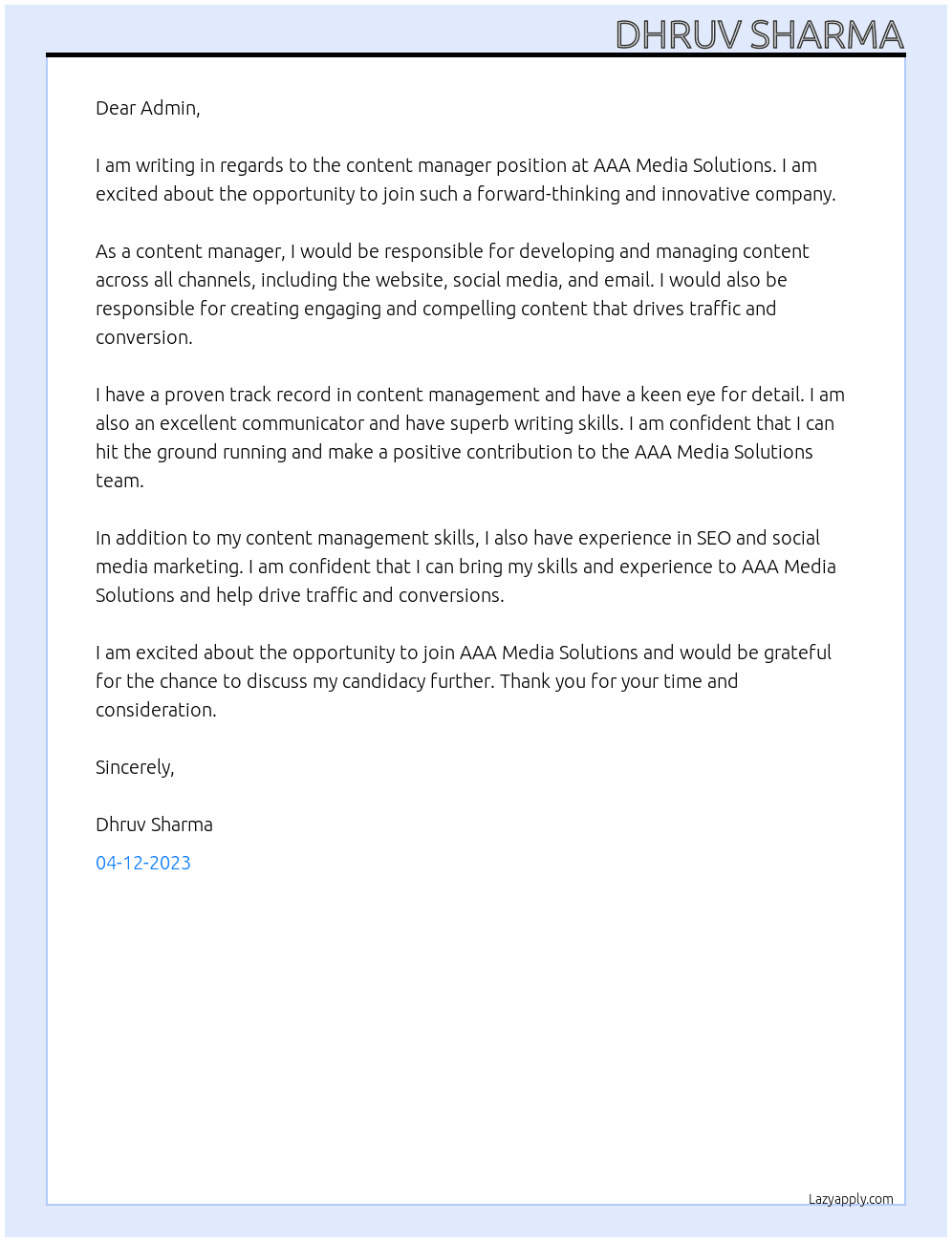 Content Manager At AAA Media Solutions  Cover Letter