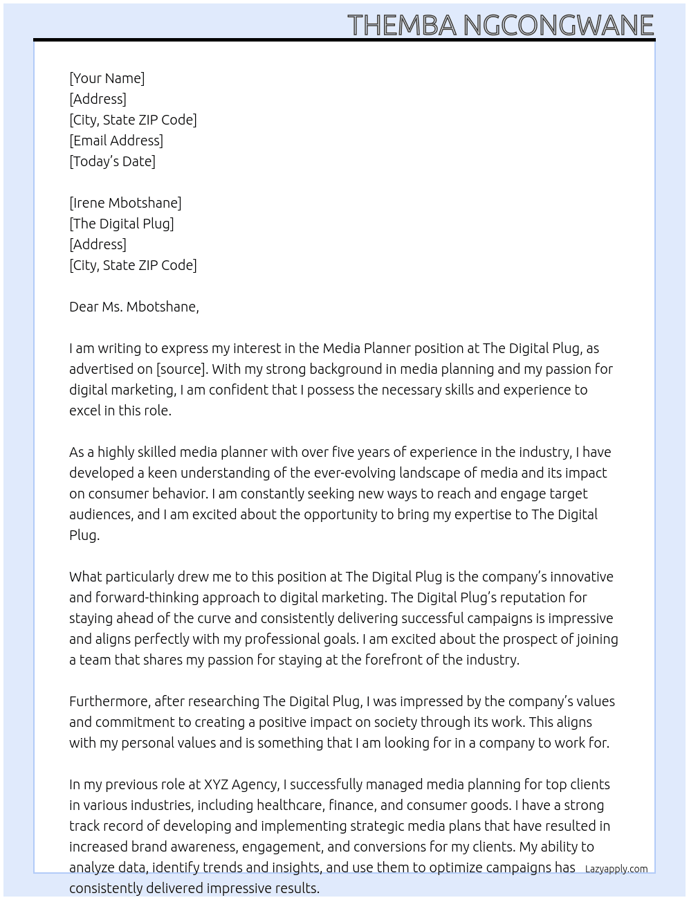 Media Planner At The Digital Plug Cover Letter