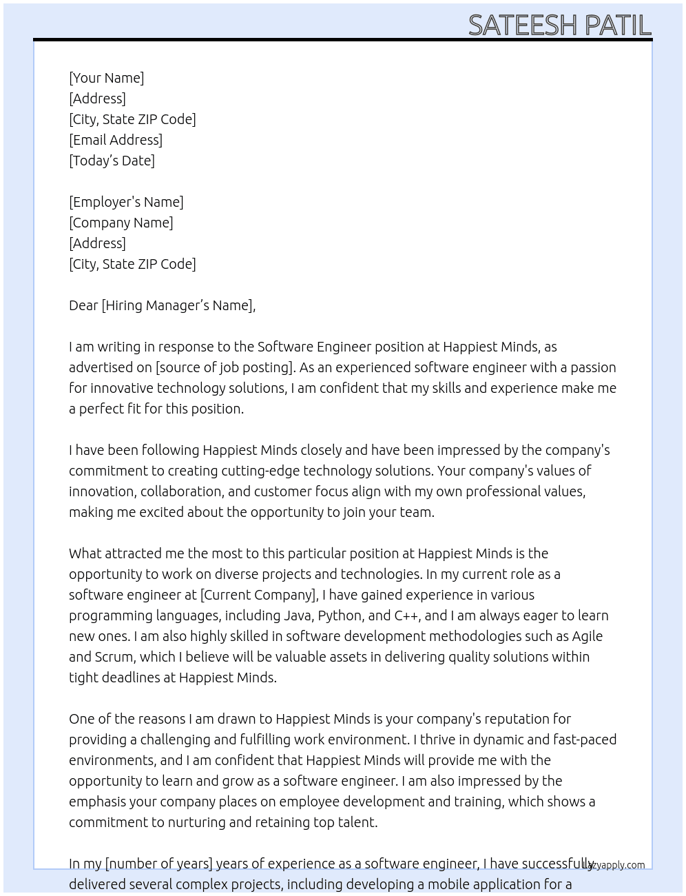 Software Engineer At Happiest Minds Cover Letter