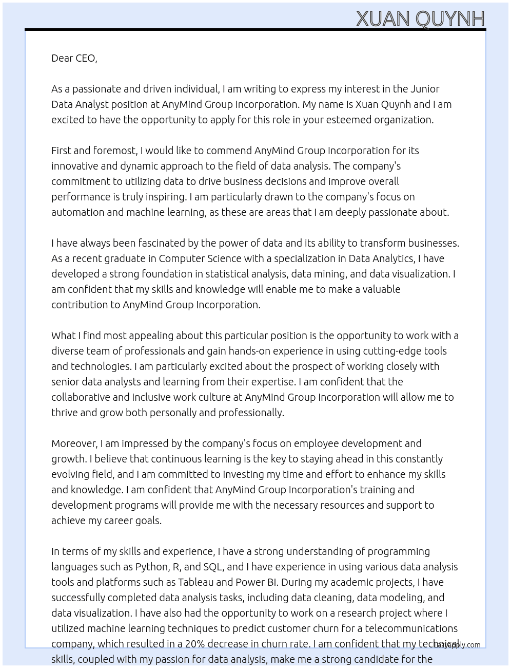 Junior Data Analyst At AnyMind Group Incorporation Cover Letter