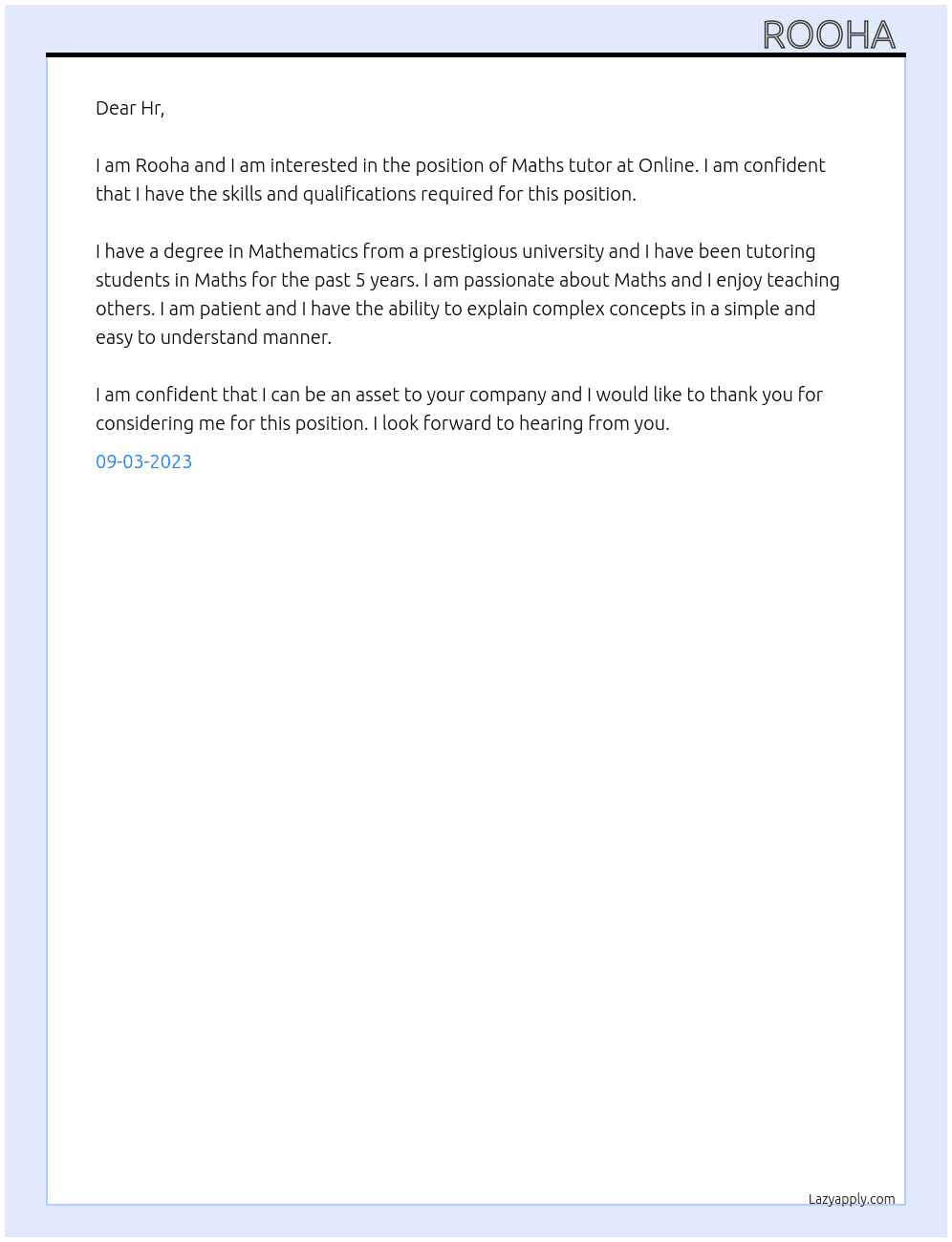 Maths tutor At Online Cover Letter
