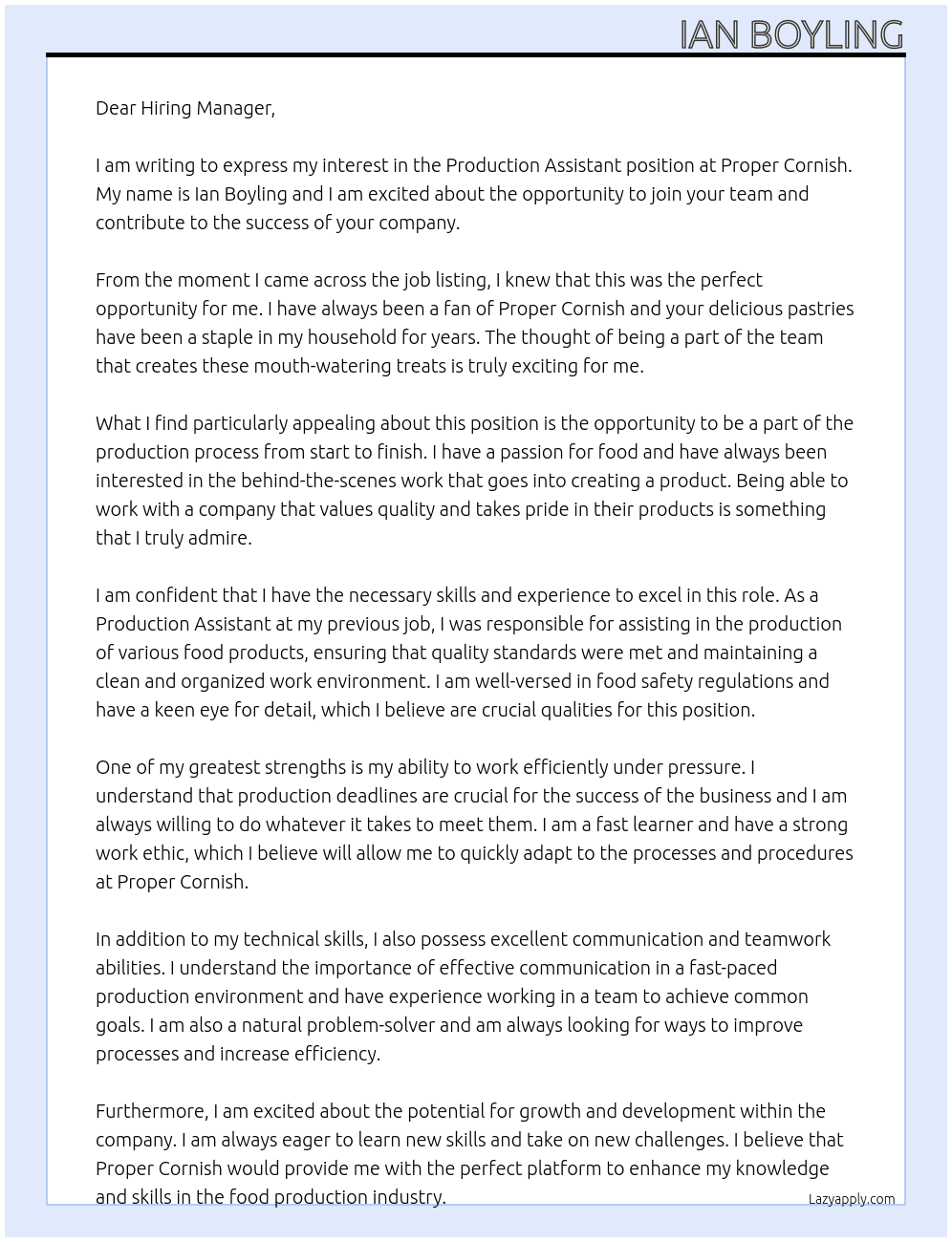 production assisstant At Proper Cornish Cover Letter