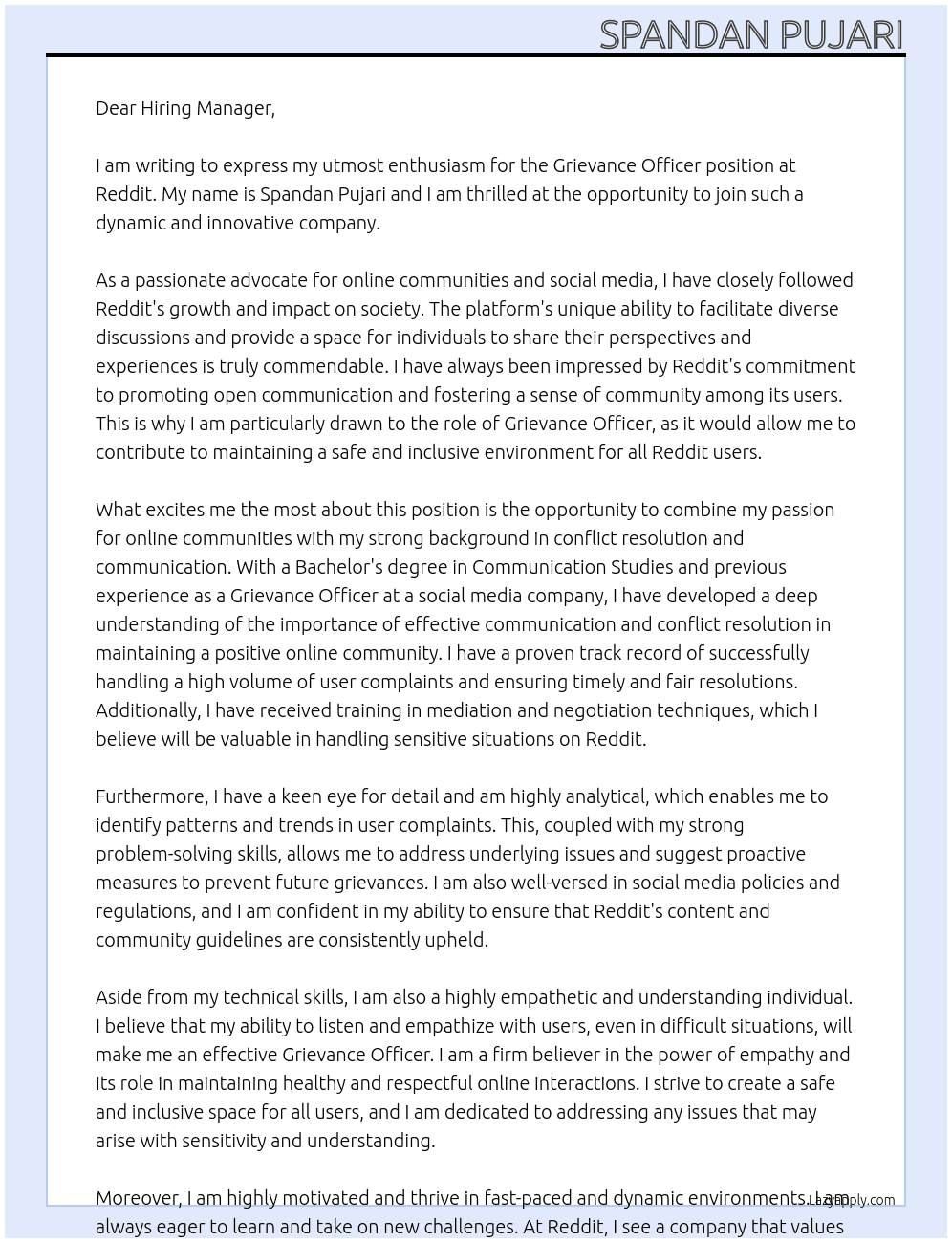 Grievance Officer At Reddit Cover Letter