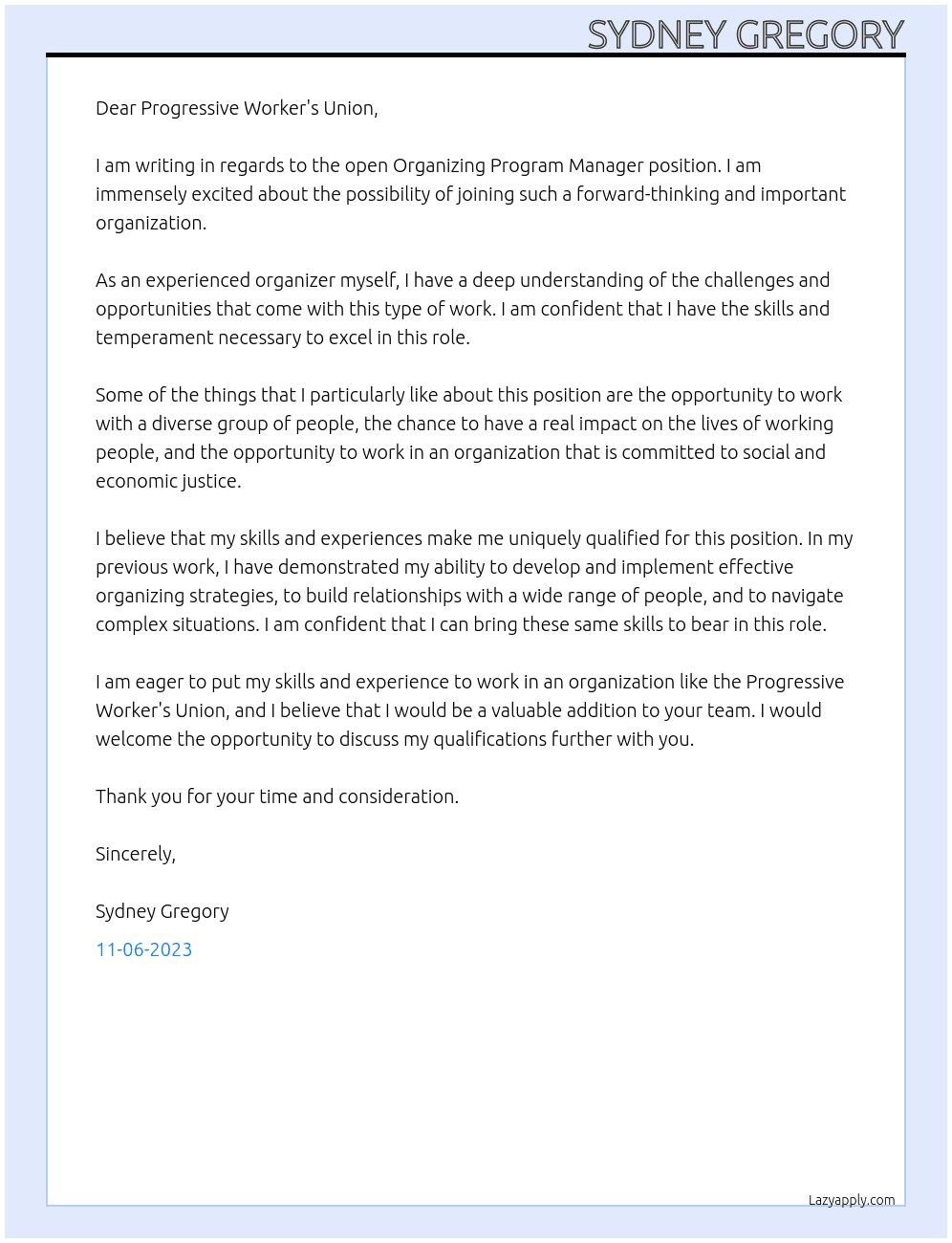 Organizing Program Manager At Progressive Worker's Union Cover Letter
