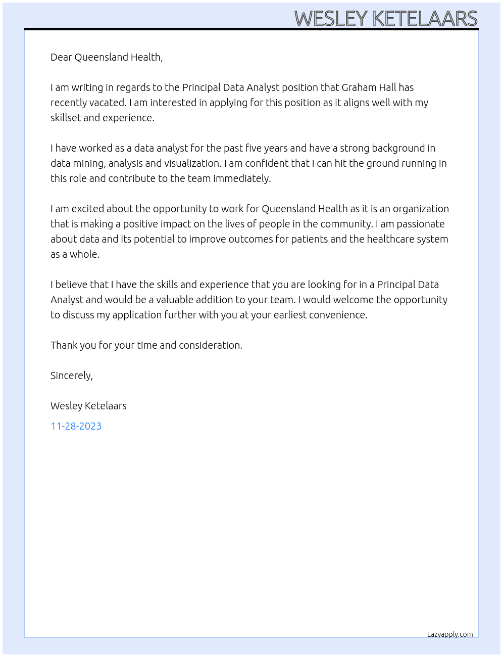 Principal Data Analyst At Queensland Health Cover Letter