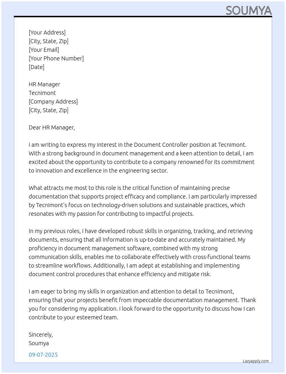Document controller At Tecnimont Cover Letter