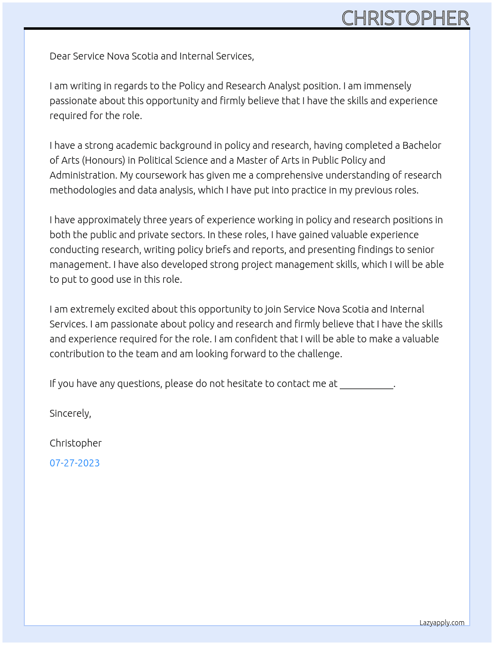 Policy and Research Analyst At The Government of Nova Scotia Cover Letter